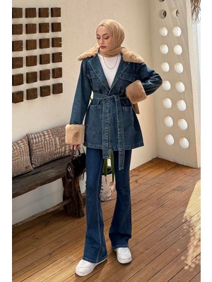 Lamelif Kürklü Kot Ceket Kot Mavi