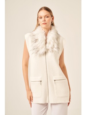 Ftz Women Ftz  Kadın Kürk Detaylı Angora Yelek  Ekru 20778