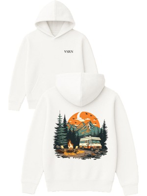 Vsrn Karavan ve Doğa Tasarım Baskılı Oversize Beyaz Kapüşonlu Sweatshirt
