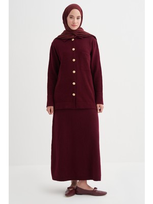 Carell Düz Örgü Triko Etekli Takım Bordo