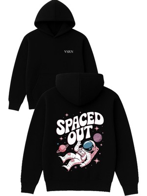 Vsrn Spaced Out Tasarım Baskılı Oversize Siyah Kapüşonlu Sweatshirt