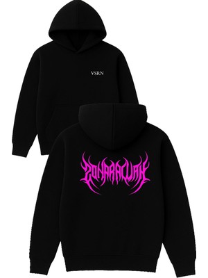 Vsrn Pembe Kuyruklu Tasarım Baskılı Oversize Siyah Kapüşonlu Sweatshirt