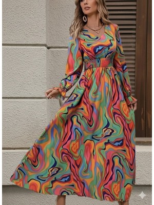 Aknbutik Kadın Uzun Kollu V Yakalı Desenli Maxi Süprem Elbise