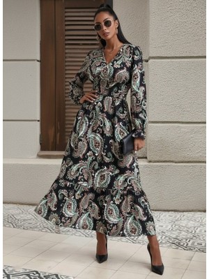 Tua Moda Kadın Uzun Kollu Kruvaze Yaka Beli Lastikli Uzun Desenli Maxi Elbise