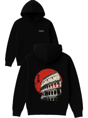 Vsrn Japon Roma Tasarım Baskılı Oversize Siyah Kapüşonlu Sweatshirt