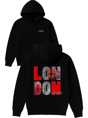 Vsrn London Kırmızı Tasarım Baskılı Oversize Siyah Kapüşonlu Sweatshirt