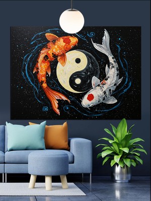 Artmeg Yin Yang Koi Balığı Sembolü Dekoratif Kanvas - Mdf Ahşap Tablo