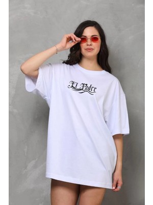 Moda Unisex Bisiklet Yaka Baskılı Oversize T-Shirt - Beyaz
