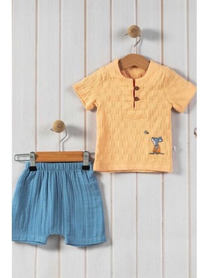 Dinamik çocuk Tavşan Detaylı Müslin Şortlu Tarz Alt Üst 2li Erkek Bebek Takım Pamuk+Müslin 6-9-12-18-24 Aylık