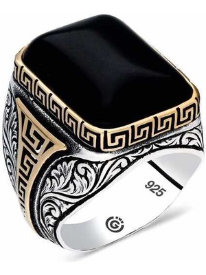 Gumush Gümüş Oniks Siyah Taşlı Kare Erkek Yüzük - 28