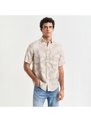 Gant Erkek Bej Regular Fit Düğmeli Yaka Desenli Gömlek
