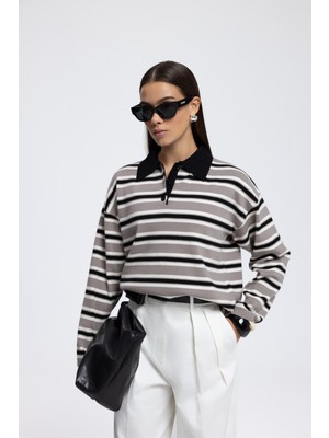 Mai Moss Çizgili Gri Polo Yaka Triko Kazak