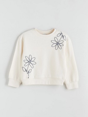 LC Waikiki Lcw Kids Ekru Bisiklet Yaka Çiçekli Kız Çocuk Sweatshirt