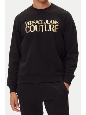 Versace Erkek Regular Fit Altın Rengi Varak Baskı Logolu Bisiklet Yaka Sweatshirt - Siyah
