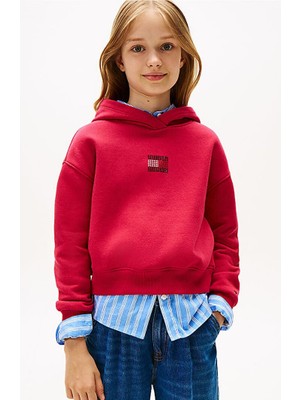Tommy Hilfiger Kız Çocuk Rahat Kalıp Taşlı Amblemli Kapüşonlu Sweatshirt - Kırmızı
