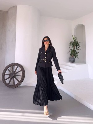 Bella Breeze Kadın Kemerli Gold Düğmeli Premium Ceket Pileli Uzun Etek Takım Elbise