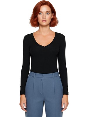 Ersefa Kadın V Yaka Uzun Kollu Fitted Örme Bluz Çok Yönlü Kullanım Için Kaliteli Şık Rahat Modern
