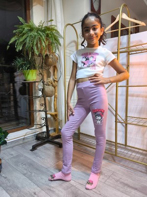 Şimo Butik Kız Çocuk Tayt Kışlık Şardonlu Pamuklu Beli Lastikli Kuromi Lila