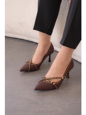 Stilbagshoes Jade Pim ve Çift Toka Detaylı Kadın Topuklu Ayakkabı Kahve