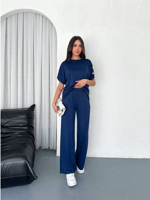 Bella Breeze Kadın Modal Kumaş Kısa Kollu T-Shirt Düğme Detaylı Eşofman Takımı