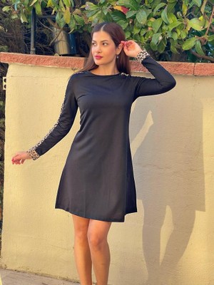 Moderie Butik Kadın Uzun Kollu Bisiklet Yaka Kollar Leopar Detay Iki Iplik Mini Boy Elbise