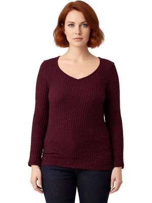 Ersefa Kadın Gofre Dokulu V Yaka Uzun Kollu Örme Üst Kaliteli Şık Rahat Modern Zarif Günlük