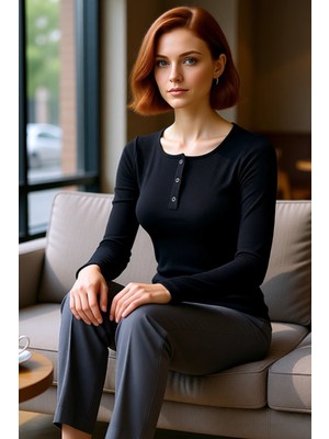 FRM Kadın Moda Şık Regular Havuz Yaka Slim Kalıp Örme Çıtçıtlı Fitted Vücuda Oturan Fitilli Esnek Bluz