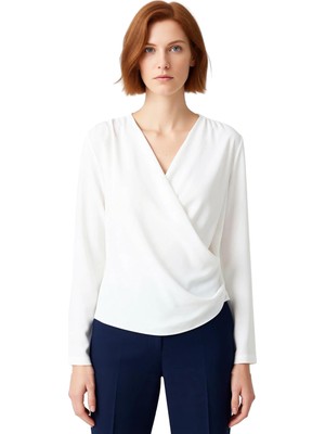 Ersefa Kadın Saten Dökümlü Bluz Regular Kalıp V Yaka Kruvaze Detaylı Günlük Ofis Kombinleri Için