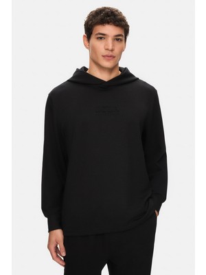Ucla WINFREY Siyah Kapüşonlu Gofre Baskılı Yumuşak Dokulu Modal Kumaş Standard Fit Erkek Sweatshirt