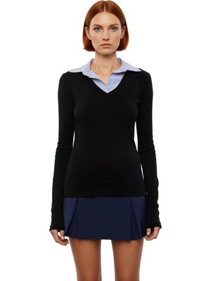 Ersefa Stil Kadın Dokuma Detaylı Gömlek Yaka Normal Kalıp Bluz Uzun Örme Regular Kalıp