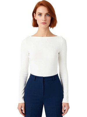 Ersefa Kadın Esnek Örme Kayık Yaka Uzun Kollu Slim Fit Bluz Kaliteli Şık Rahat Modern Zarif Günlük