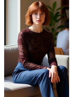 FRM Kadın Vücuda Oturan Desenli Tül Uzun Kollu Üst Kaliteli Şık Rahat Modern Zarif Günlük