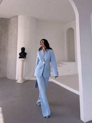 Bella Breeze Kadın Gold Kurabiye Düğmeli Blazer Ceket Palazzo Pantolon Takım Elbise