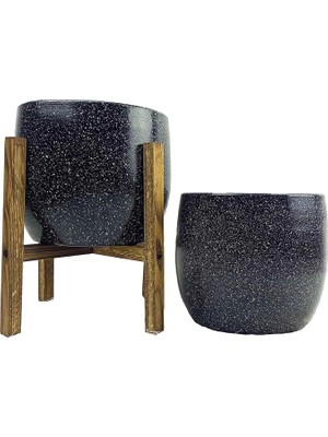 Tasarımı Ev Dekorasyon Aksesuar Siyah Granit Toprak Saksı Saksılık Salon Çiçeklik Ikili Set Ayaksız - 4 Ayaklı- 19 cm