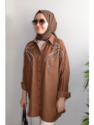 Asela Önü Nakışlı Keten Karışımlı Tesettür Gömlek Tunik