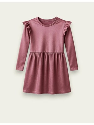 Öykü Kids Kız Çocuk Uzun Kollu Fırfır Detaylı Kadife Elbise