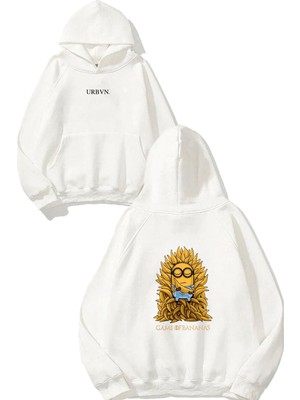 Urbvn Bananas Tasarım Baskılı Oversize Beyaz Kapüşonlu Sweatshirt