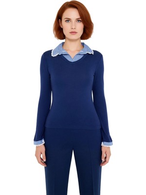 Ersefa Kadın Fitted Uzun Kollu V Yakalı Dokuma Detaylı Örme Bluz Kaliteli Şık Rahat Modern Zarif Günlük