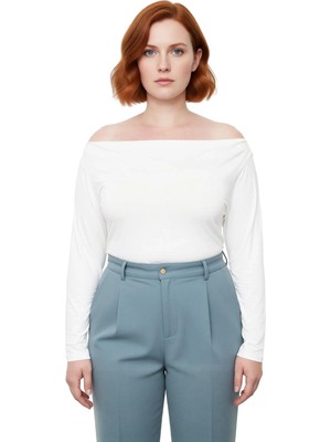 Ersefa Moda Büyük Beden Carmen Yaka Örme Fit Düz Desen Casual Günlük Regular Uzun Kol Bluz