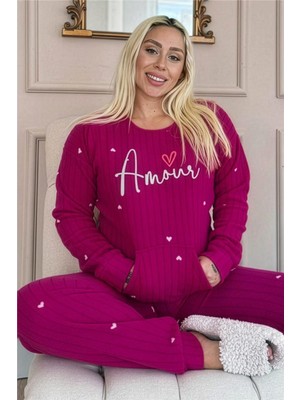 Mürdüm Amour Desenli Kanguru Cepli Peluş Polar Pijama Takımı