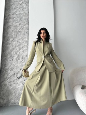 Bella Breeze Kadın Gold Kurabiye Düğmeli Blazer Ceket Etek Takım Elbise