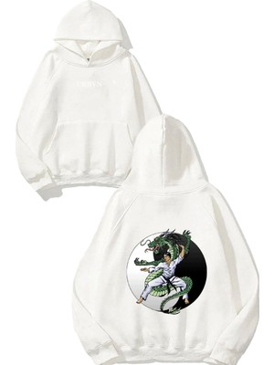 Urbvn Kung Fu Dragon Tasarım Baskılı Oversize Beyaz Kapüşonlu Sweatshirt