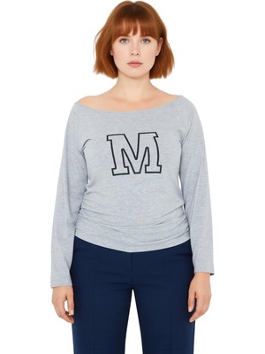 Ersefa Kadın Büyük Beden Kayık Yaka Uzun Kollu Pamuklu Bluz Crop Kesim Spor Şık Tasarım Kaliteli Şık