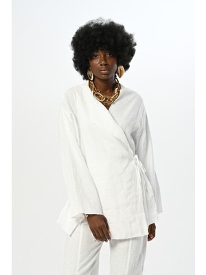 Orfeonegro Kadın Önden Bağlamalı Beyaz Oversize Gömlek