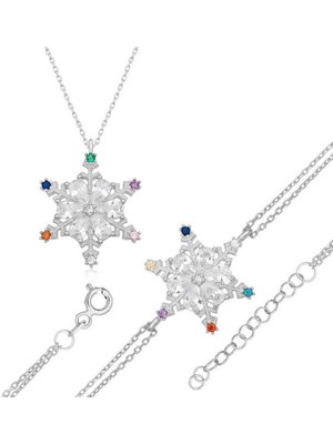 Gumush Gümüş Renkli Taşlı Kar Tanesi Kadın Set