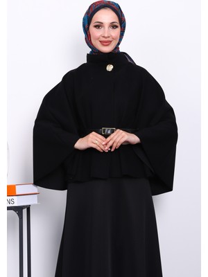 İmaj Butik Siyah Kemerli Kaşe Panço Kadın Denim Kumaşlı Şık Üst Giyim Sezon Trendi