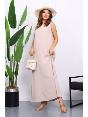 İmaj Butik Bej Sıfır Kol Ayrobin Tesettür İçlik Elbise