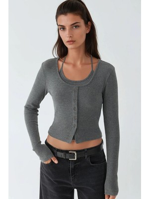 Hiccup Kadın Yumuşak Iki Parça Örme Bluz & Hırka Takım Koyu Gri