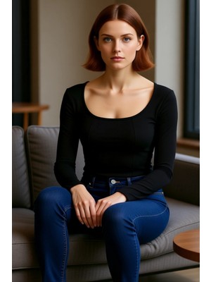 FRM Kadın Regular Havuz Yaka Ispanyol Kol Slim Kalıp Örme Fitted Vücuda Oturan Dikiş Detaylı Esnek Bluz