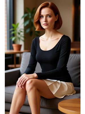 FRM Kadın Moda Şık Üst Giyim Regular Havuz Yaka Slim Kalıp Örme Fitted Vücuda Oturan Esnek Bluz